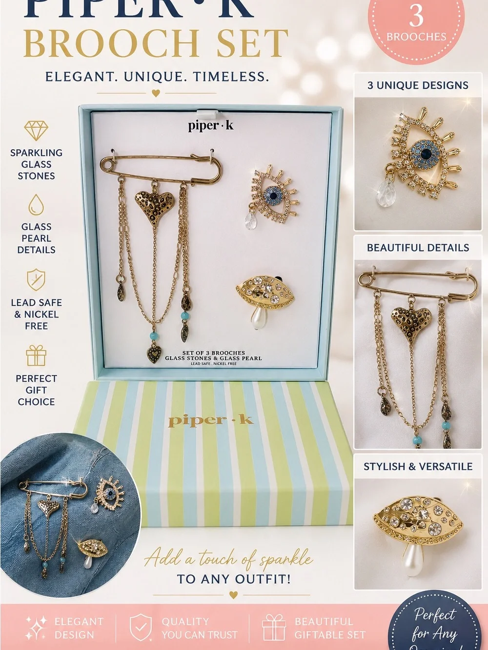 Piper Gold Brooch Set with Cream and Blue Accents
